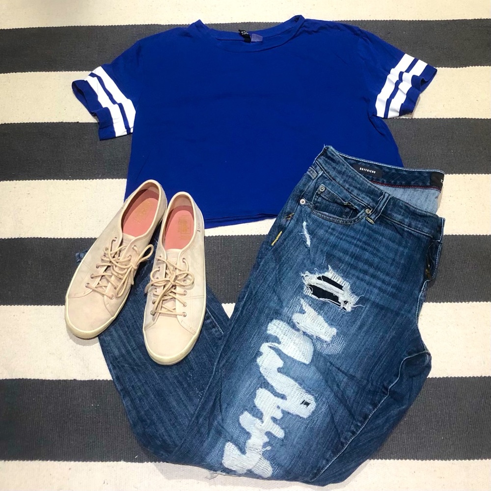 H&M Blue Crop Top w/Double Stripe Sleeve Detail